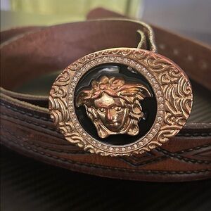 Versace face Brown Belt with Gold and Black Medusa Buckle unisex